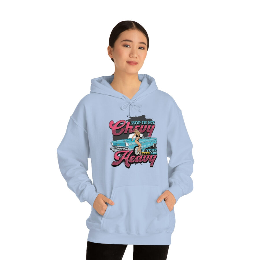 "Hop in my Chevy if your Tits are Heavy" Unisex Heavy Blend™ Hooded Sweatshirt - Image 2