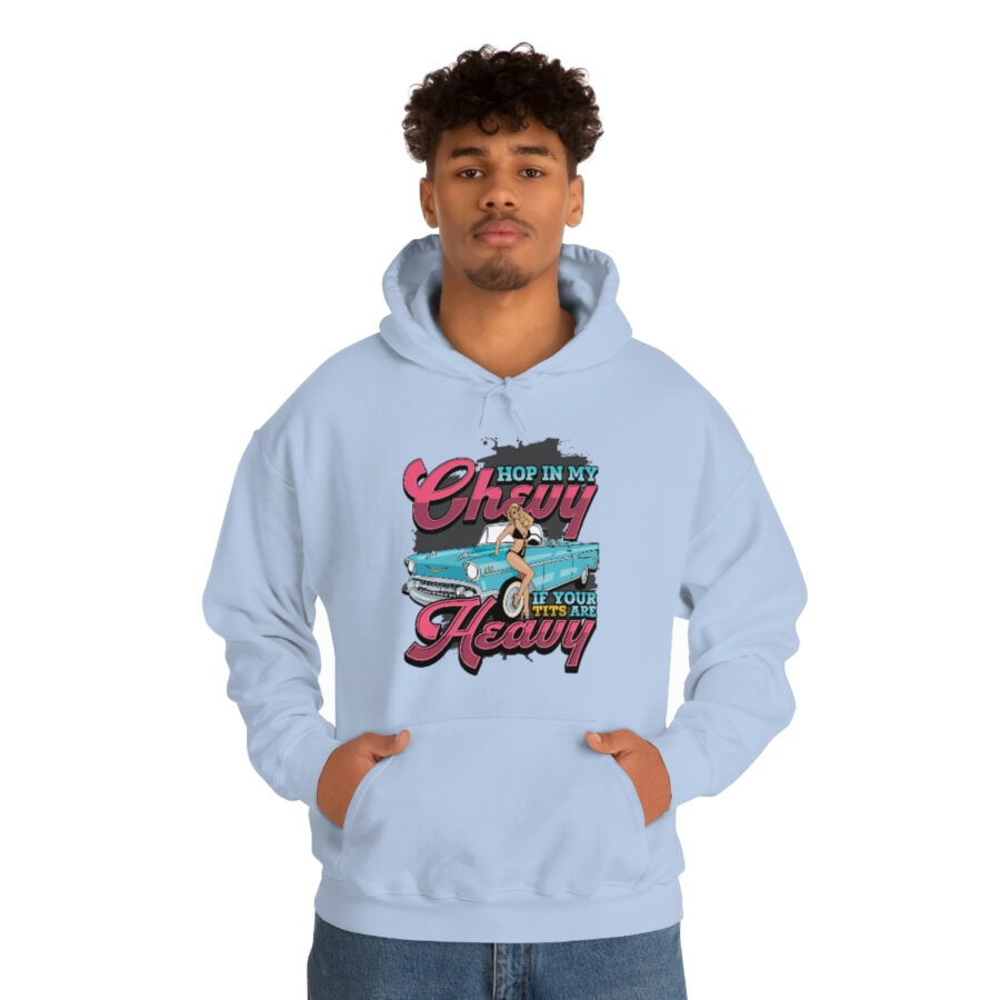 "Hop in my Chevy if your Tits are Heavy" Unisex Heavy Blend™ Hooded Sweatshirt - Image 3