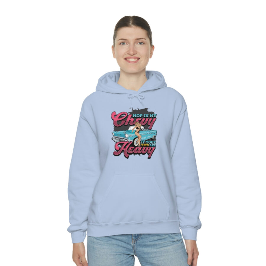 "Hop in my Chevy if your Tits are Heavy" Unisex Heavy Blend™ Hooded Sweatshirt - Image 4
