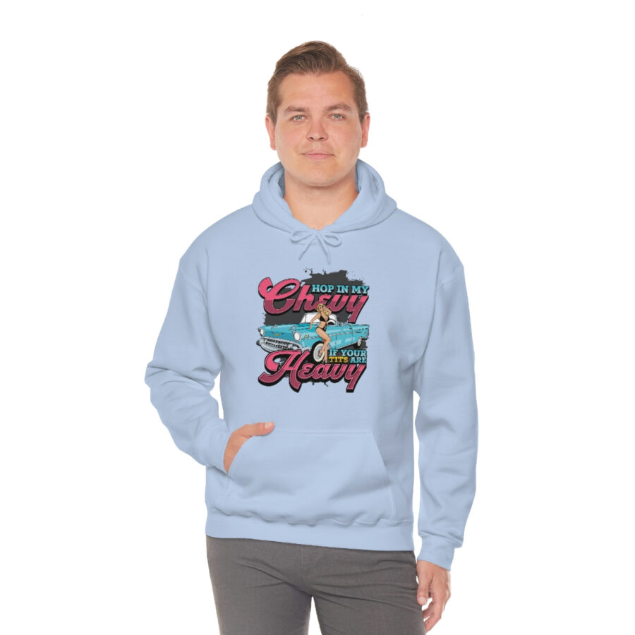 "Hop in my Chevy if your Tits are Heavy" Unisex Heavy Blend™ Hooded Sweatshirt - Image 5